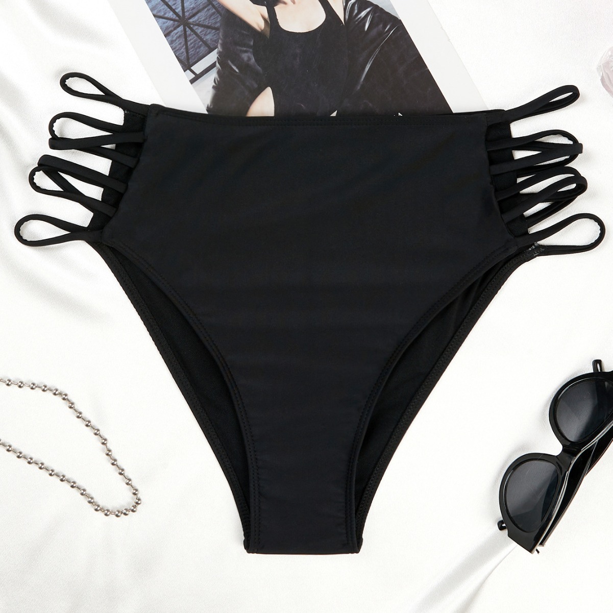 黑色大码泳裤女款高腰露腰三角女士游泳裤欧美外贸亚马逊泳裤