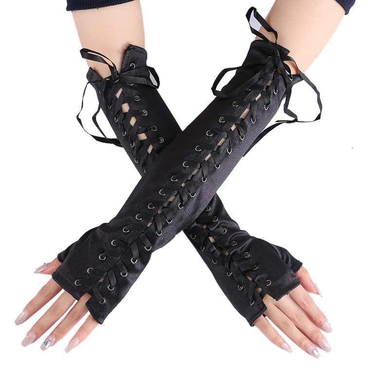 欧美色丁缎面朋克穿丝带手套 绑丝带装扮舞会朋克风夜店手套批发