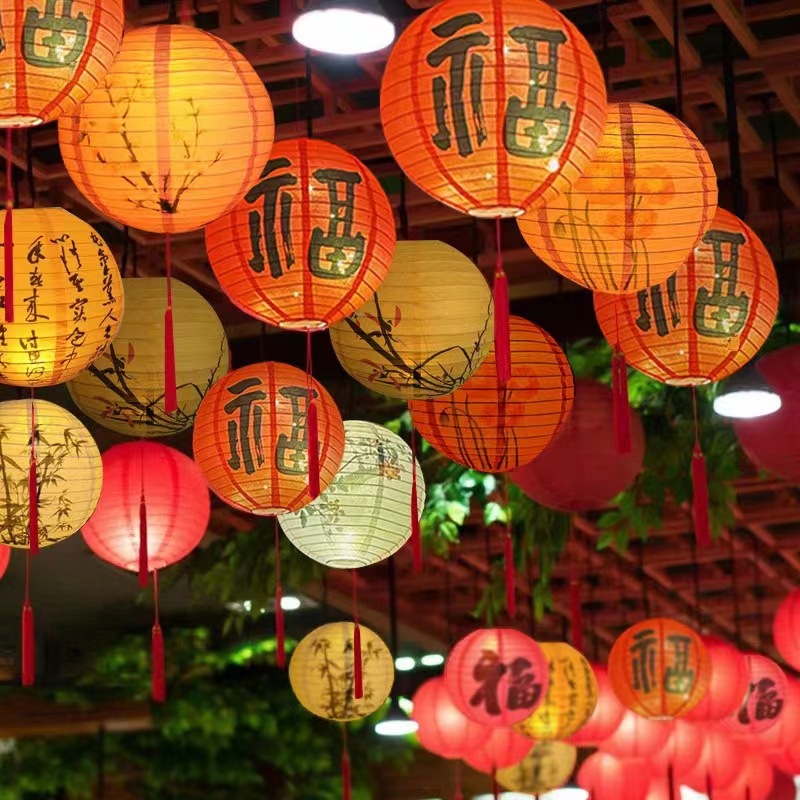 批发春节纸灯笼圆形折叠新年国风纸灯笼商场年会装饰元宵猜灯谜