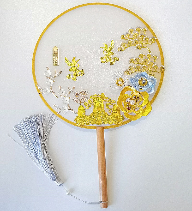 绢布中式长柄团扇流苏宫扇喜扇婚礼装饰扇宫廷扇手捧花新娘伴手礼