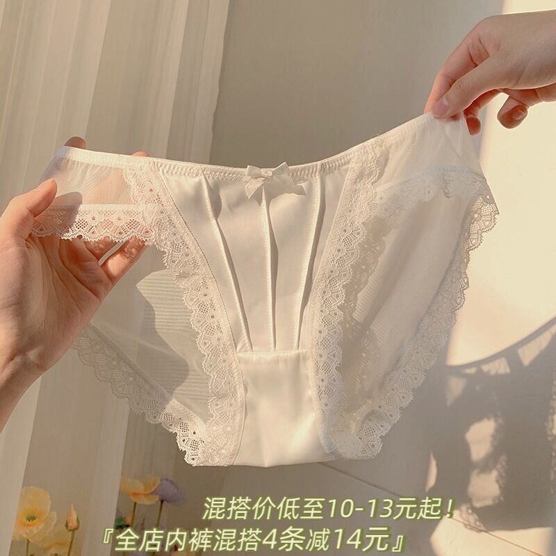 French Style Vintage Satin Ice Silk Sexy Underwear Mesh Ladies Low Waist Pure Lace Breathable Purified Cotton Briefs