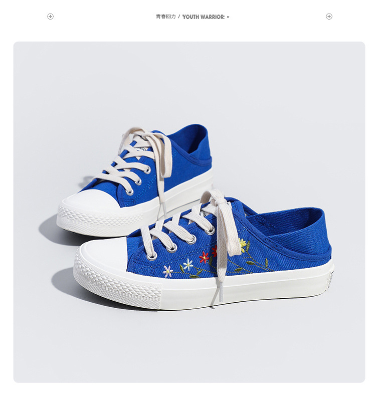 warrior/回力帆布鞋女夏季新款懒人一脚蹬半拖鞋时尚刺绣透气板鞋