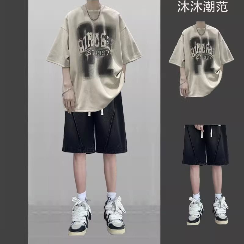短袖t恤套装男生夏季潮流宽松一套搭配男装痞帅气牛仔短裤两件套