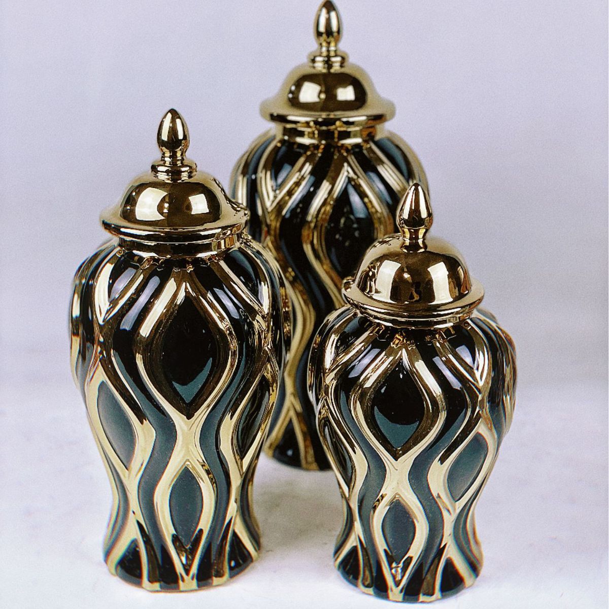 European-Style Electroplated Diamond Double-Spin Electroplated Ceramic Stripes Temple Jar Model Room Living Room and Hotel Black Gold Platinum Vase