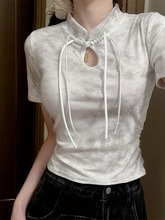 新中式立领系绳晕染短袖t恤女春季小个子设计感小众辣妹短款上衣