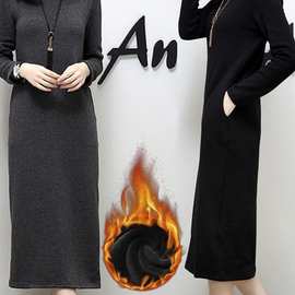 加绒加厚胖mm200斤秋冬新款卫衣女长裙大码女装中长款打底连衣裙