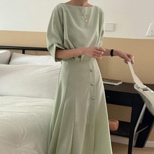 韩国chic气质优雅法式一字领压褶设计收腰显瘦宽松五分袖连衣裙