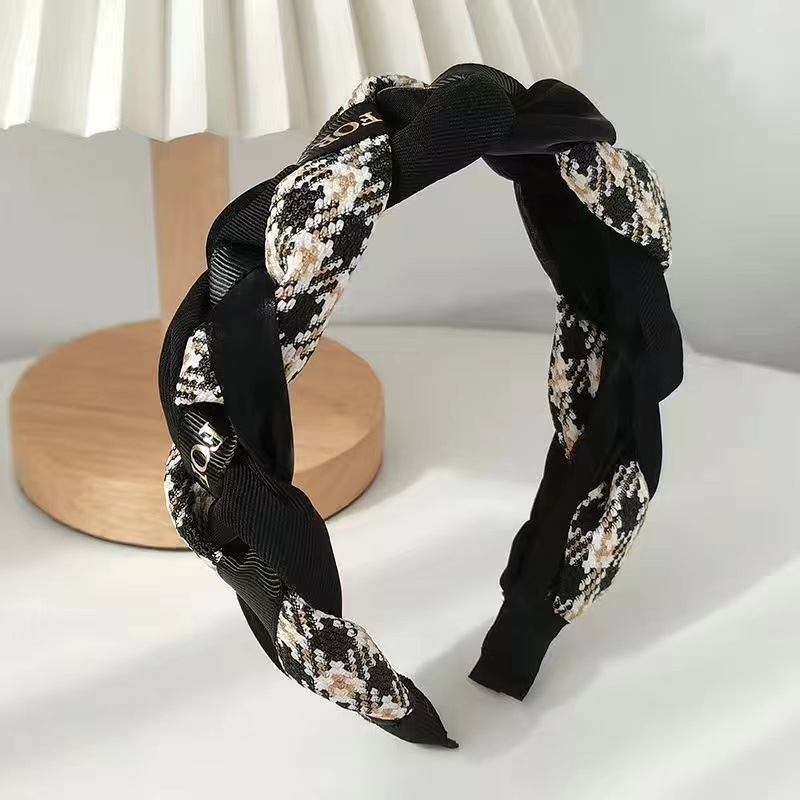 French Retro Houndstooth Letters Fabric Twist Hairband Decoration Female College Style High Skull Top Hair Band Hairpin
