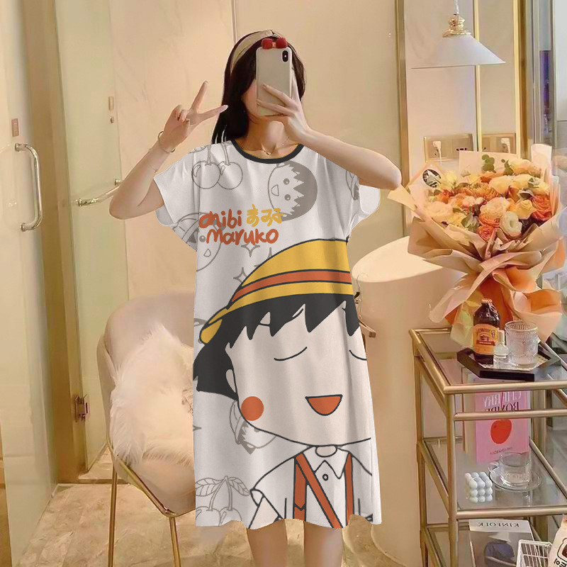 INS Cultural Dress Short Sleeve Summer Pajamas Thin Large Size Cartoon Live Home Wear Mid-Length Dress Nightdress