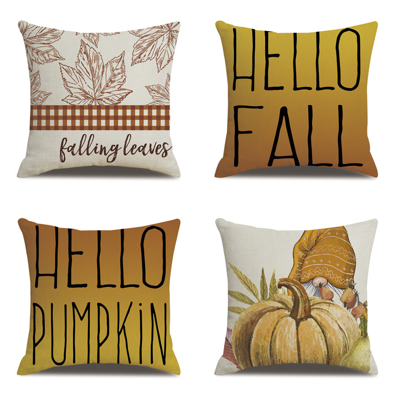 [Clothes] Thanksgiving Linen Pillow Cover Autumn Pumpkin Print Cross-Border Supply Pillow Cushion Cover