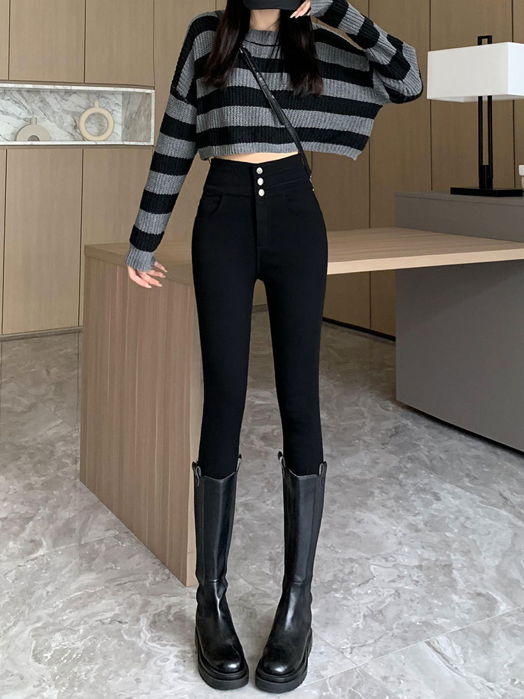 Small Black Pants for Women 2023 Autumn and Winter Tight High Waist Slimming Small plus Velvet Thickened Feet Magical Leggings