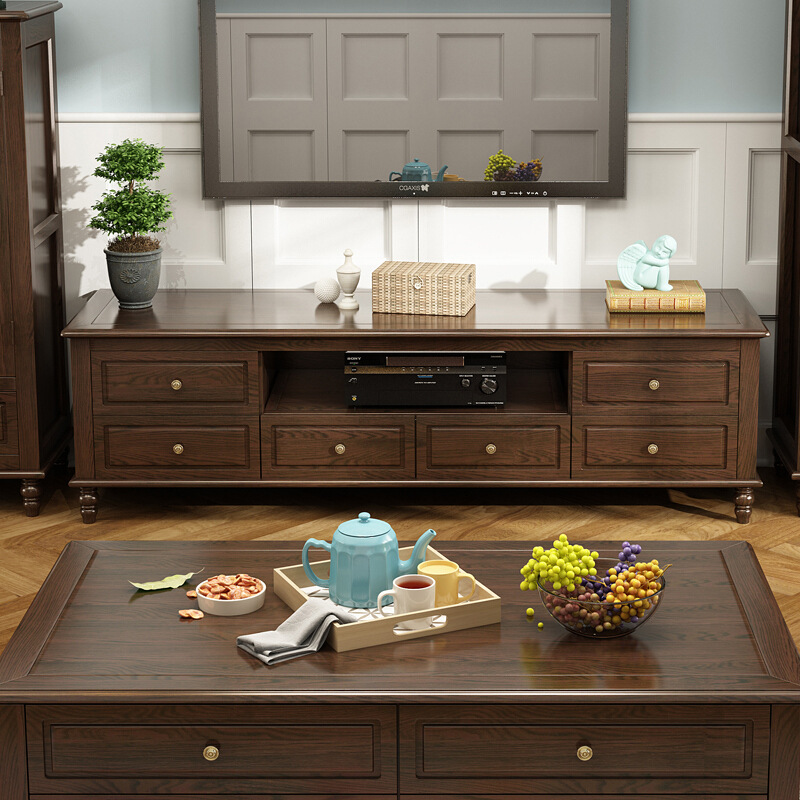 美式实木电视柜茶几组合白蜡木高低柜客厅视听柜大小户型卧室地柜