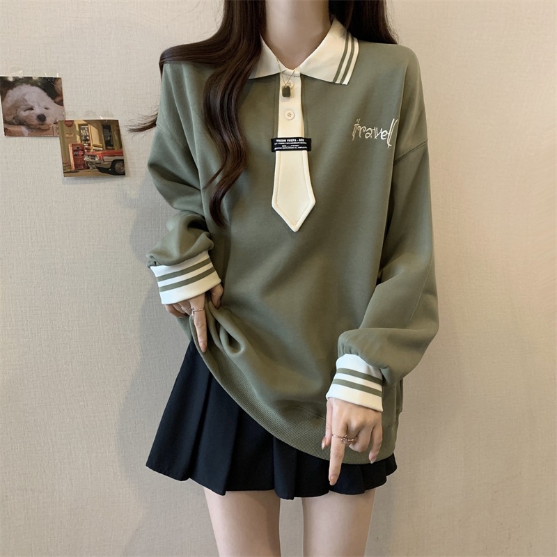 韩版学院风上衣女孩春秋冬装12岁大童15初中学生13polo领加绒卫衣