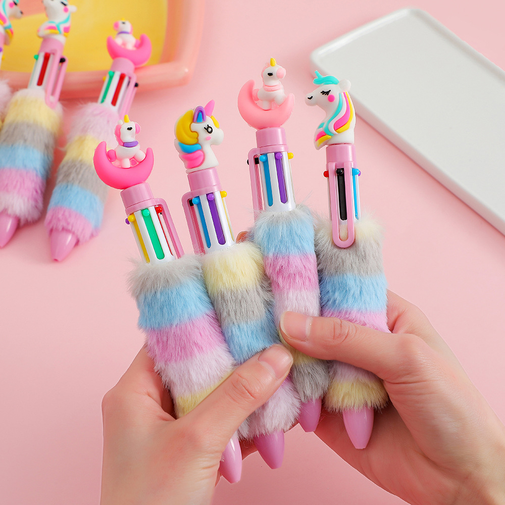 Girl Cartoon Unicorn Plush Ballpoint Pen Children Cute Six-Color Press Stationery Journal Pen