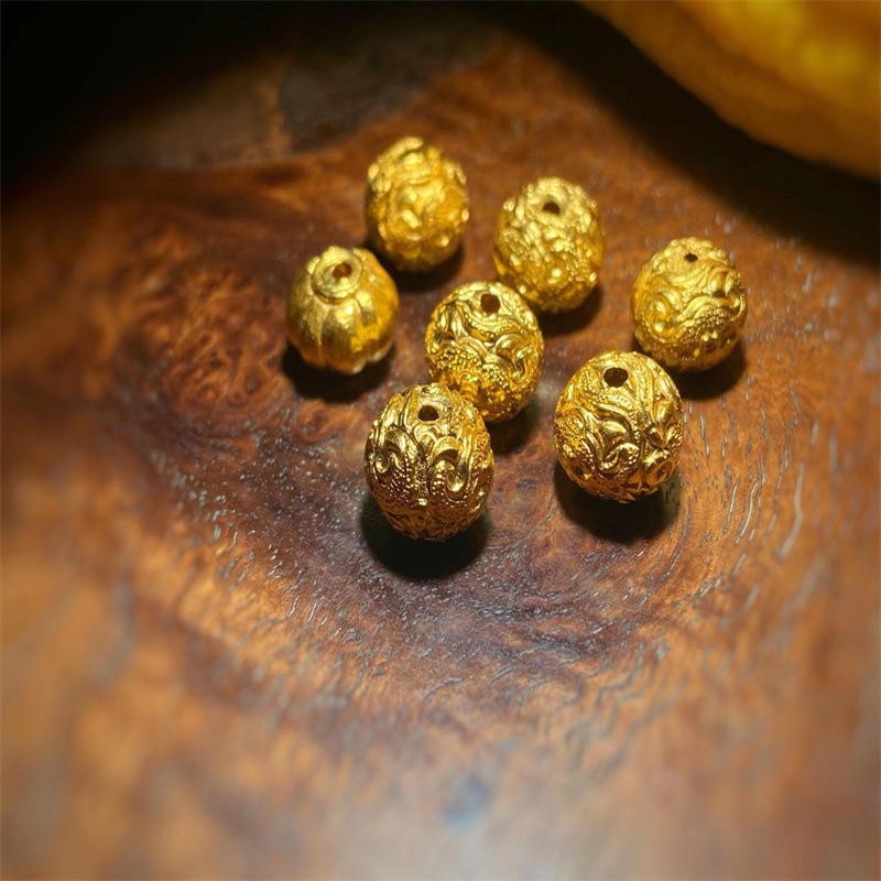 24k纯金古法手工錾刻龙纹珠转运珠穿绳佛珠搭配珠宝图案可定制