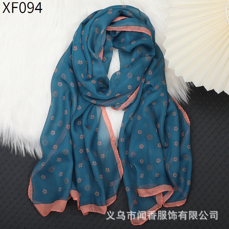 Classic Style Camellia Silk Scarf Women's Chiffon Scarf Atmosphere Fashionable Stylish Thin Scarf Decorations Neck Protection Scarf