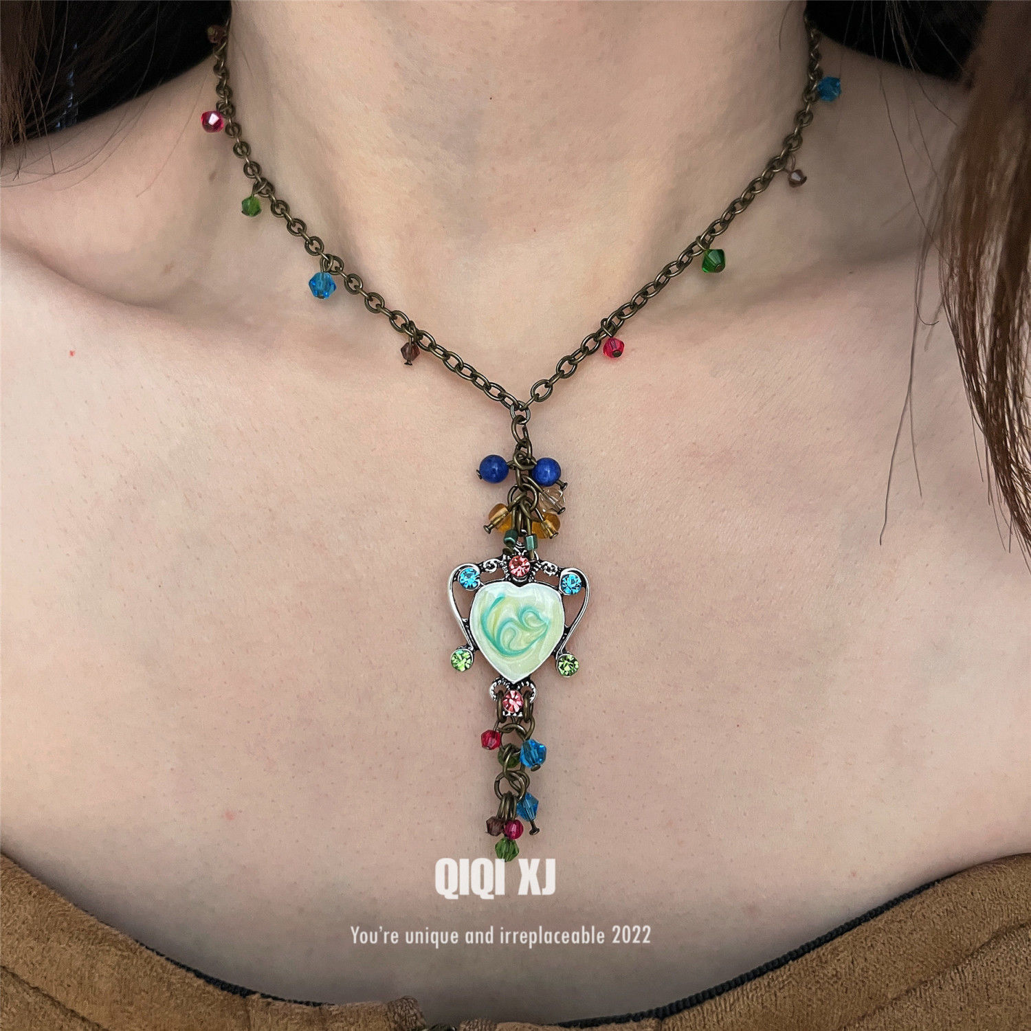 链女感中古设计爱心项链复古古着卫衣春夏vintage锁骨链-阿里巴巴