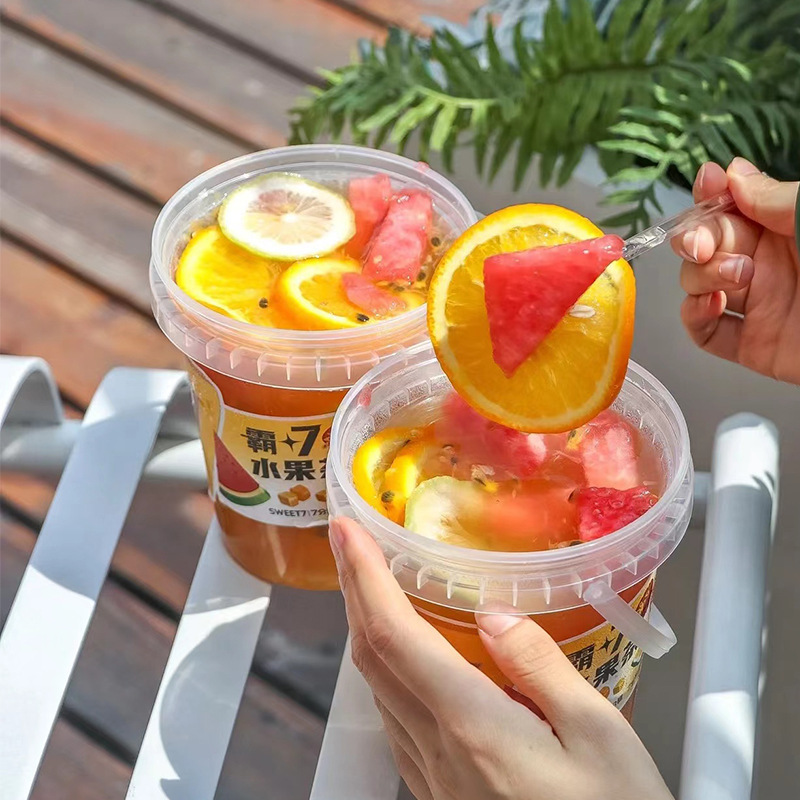 一桶水果茶桶1000ml一次性超大网红手提一升奶茶桶霸 杯水果桶杯