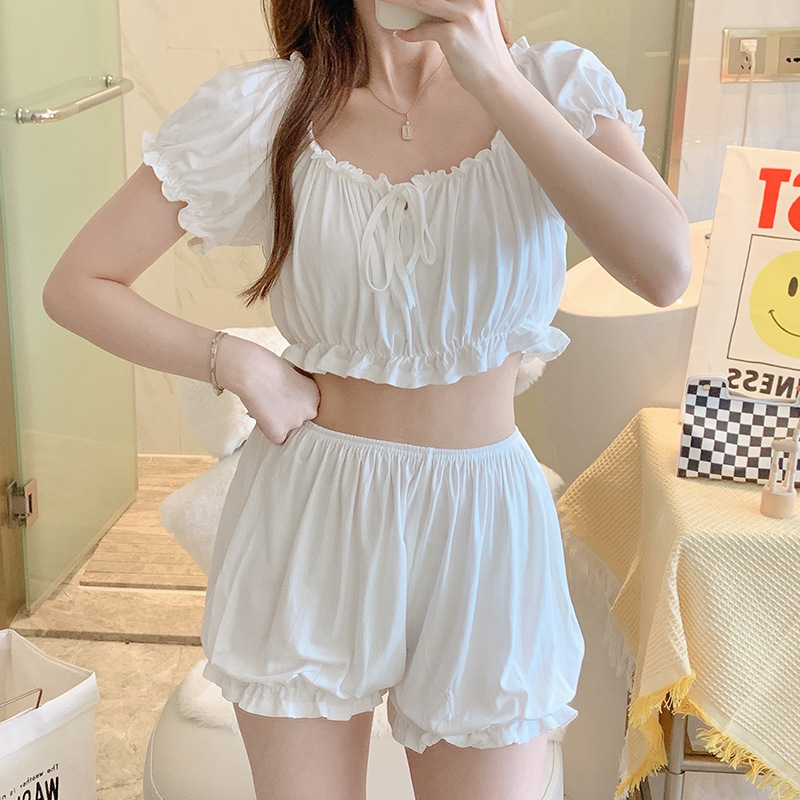 2022夏季新款甜美棉质木耳边睡衣可爱露脐短袖短裤家居服女士套装