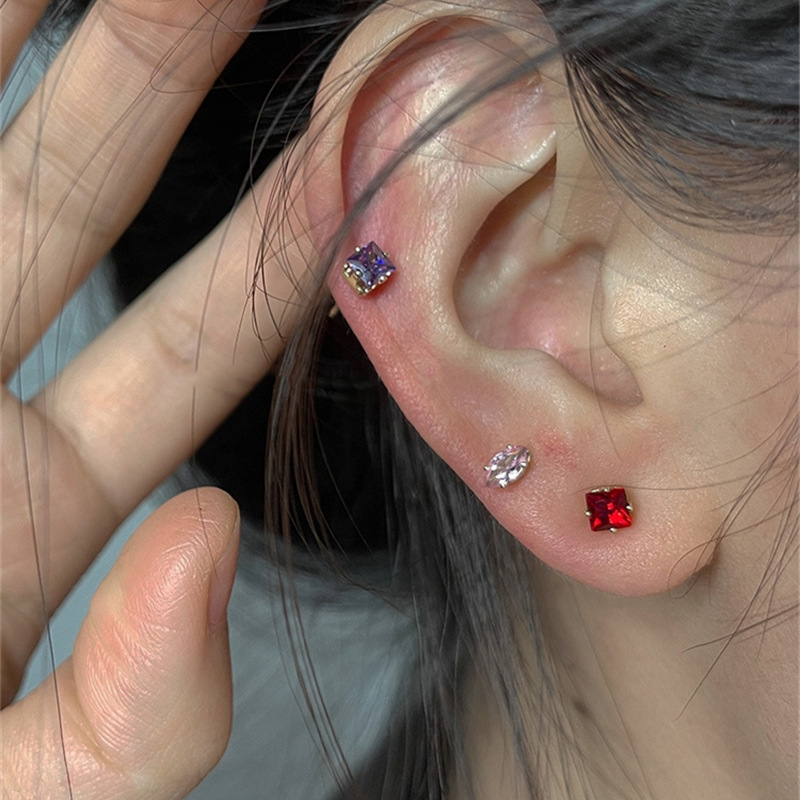 s925银针镶钻耳骨钉女辣妹养耳洞耳蜗钉5只装彩色钻耳饰睡觉免摘