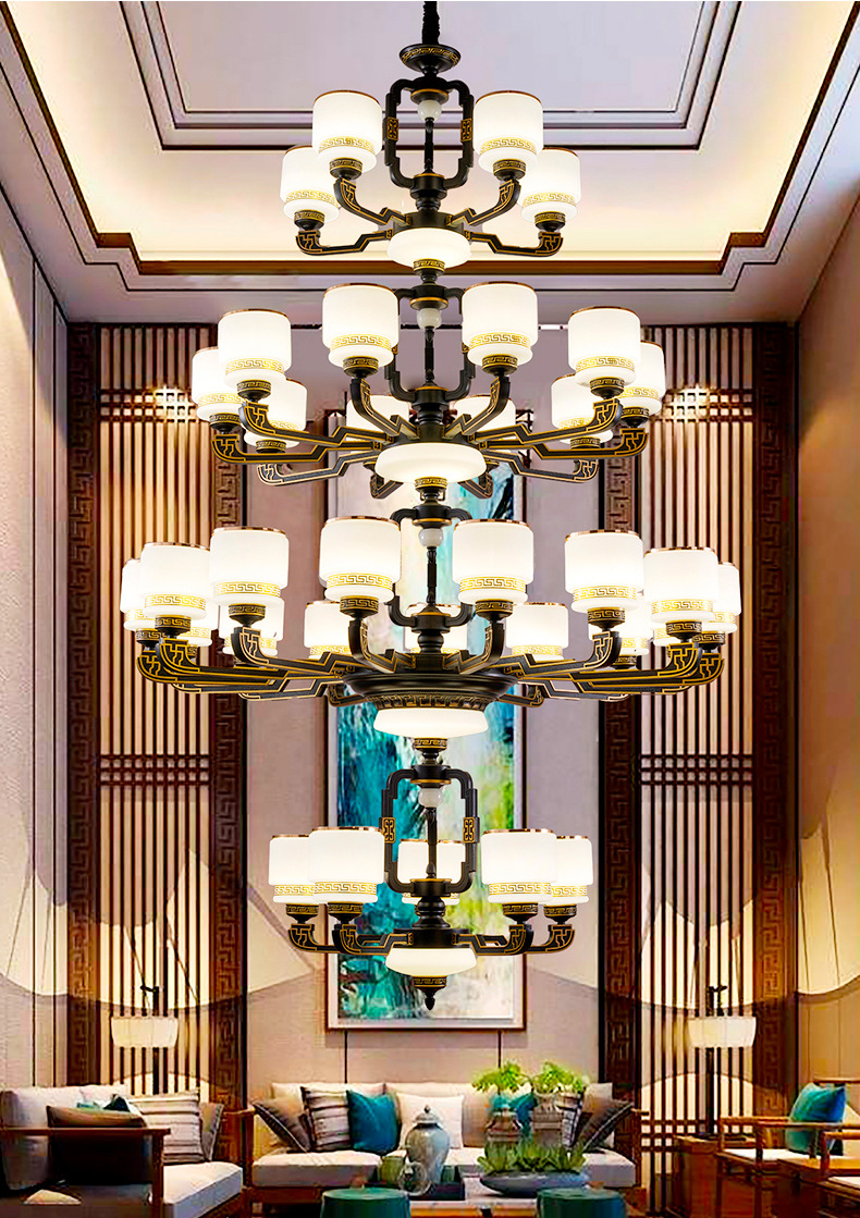 新中式复式楼大吊灯别墅楼中楼客厅楼梯玻璃新中国风大气灯具套餐