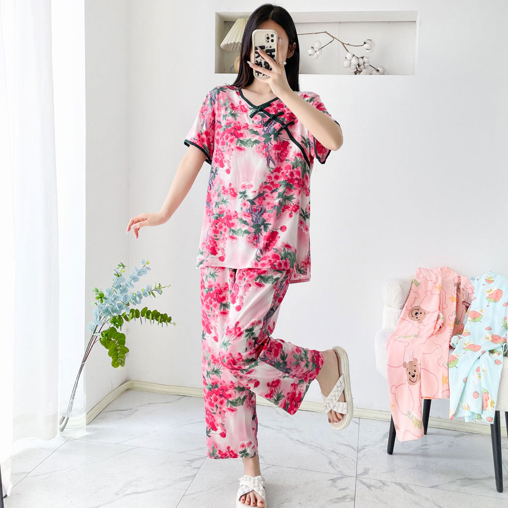 棉绸睡衣女夏季新款中国风短袖九分长裤薄款大码人造棉家居服套装