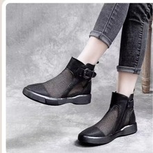 厂家批发新款女士皮靴 夏季洞洞靴 圆头平底头层牛皮及踝短靴
