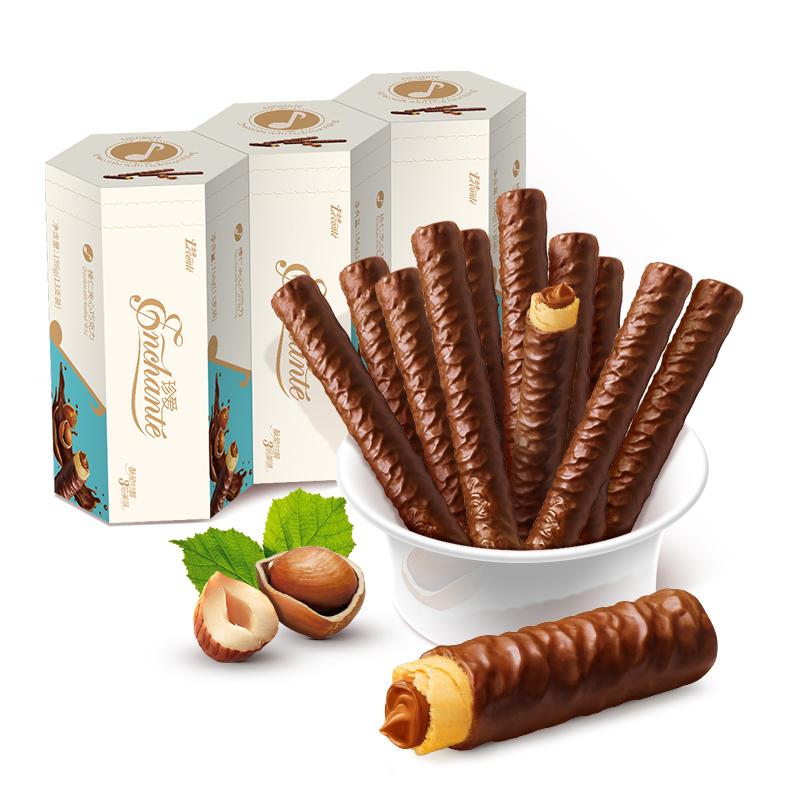 珍爱榛仁巧克力棒156g盒装夹心牛奶威化蛋卷饼干休闲网红零食