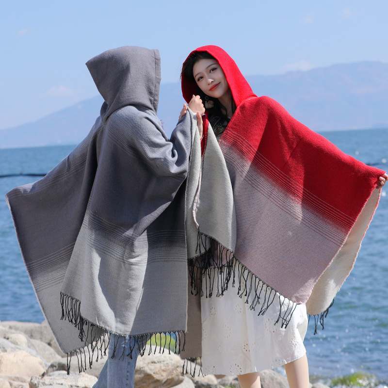 Autumn and Winter New Transitional Color Hooded Cape Ethnic Style Thickened Outer Shawl Yunnan Xinjiang Travel Matching Shawl