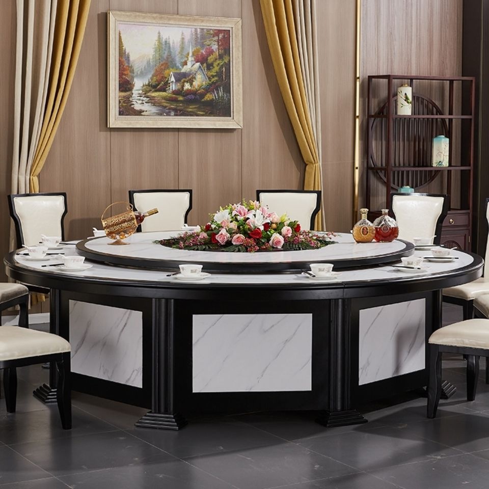 酒店电动餐桌大圆桌椅组合旋转转盘饭店包厢火锅店15人20人新中式