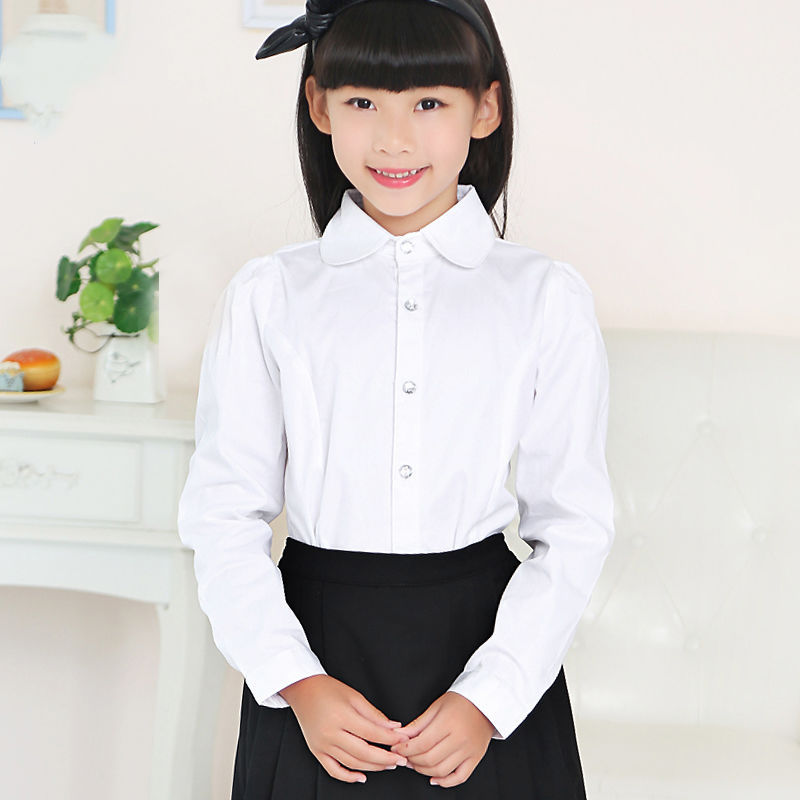 儿童短袖白衬衣女童白衬衫长袖白衬衣短袖白色衬衣中大童小学生校