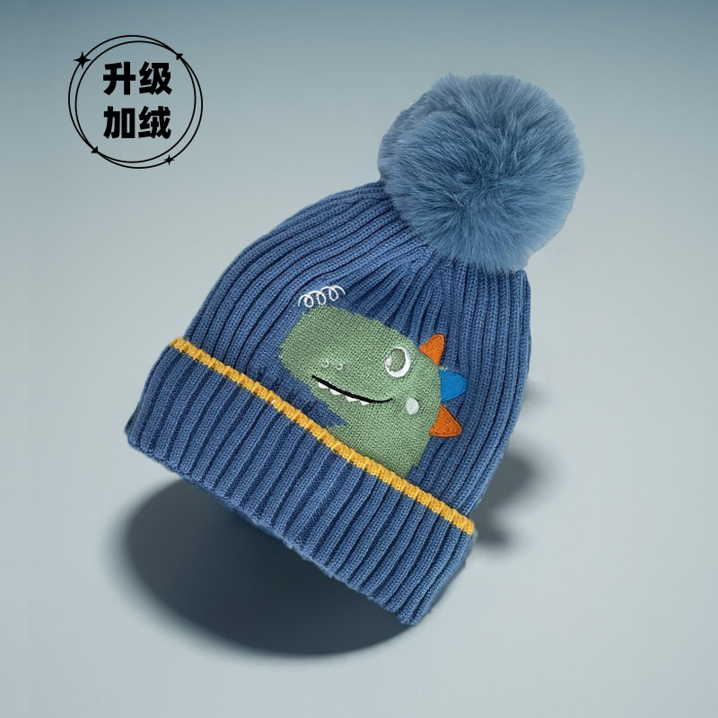 Children's Wool Hat Autumn and Winter Korean Style Dinosaur Big Fur Ball Cute Little Children Knitted Hat Warm Ear Protection Baby Winter Hat