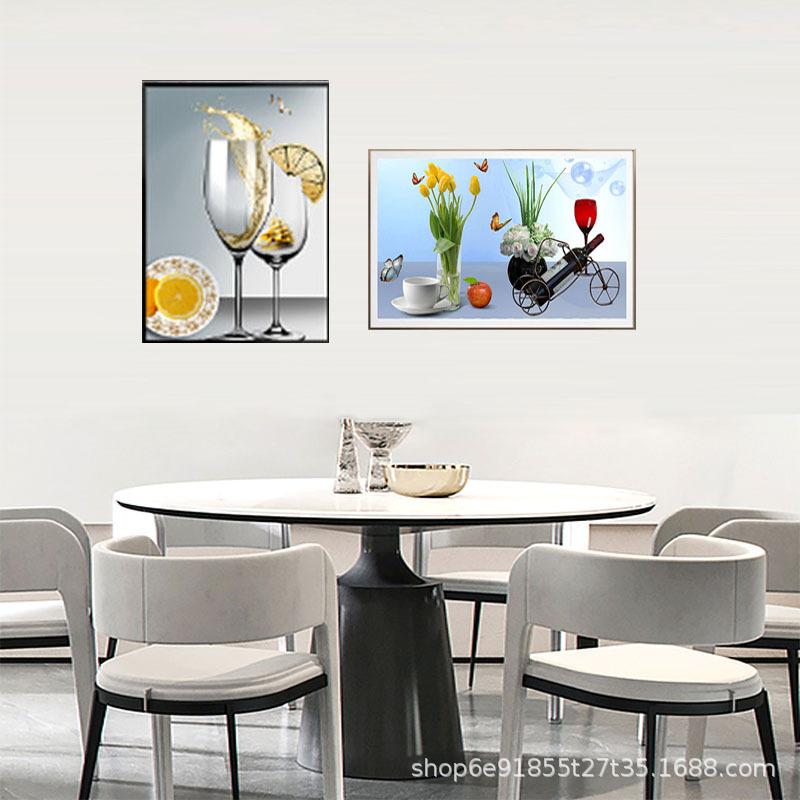 轻奢餐厅装饰画横版竖版组合美式浪漫爱情风酒杯合金框晶瓷画加砖