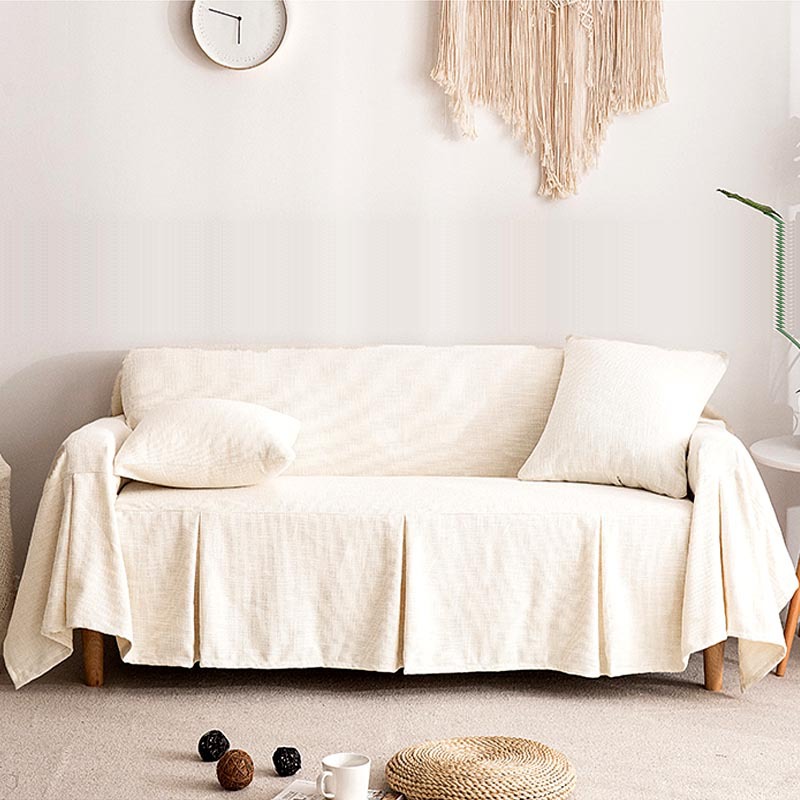 老式三人沙发巾纯色沙发垫四季通用出租屋沙发大盖布米白色灰绿粉