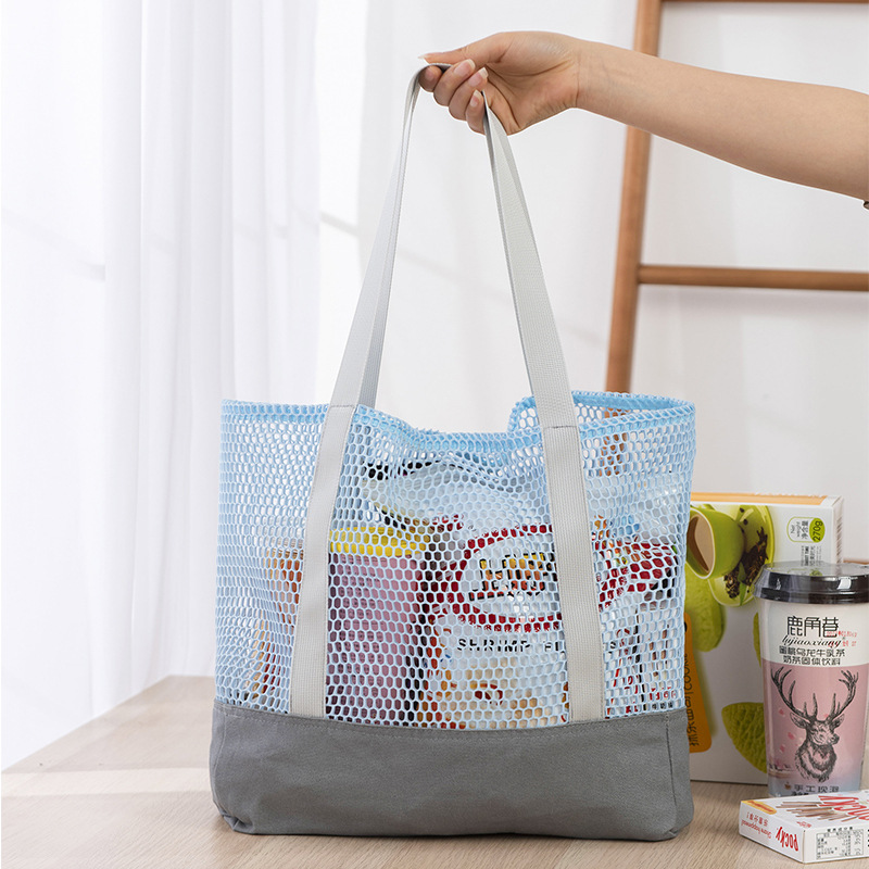 2023 Spring and Summer New Portable Mesh Bag Large Capacity Hollow Mesh Canvas Stitching Shoulder Bag Portable Shopping Bag