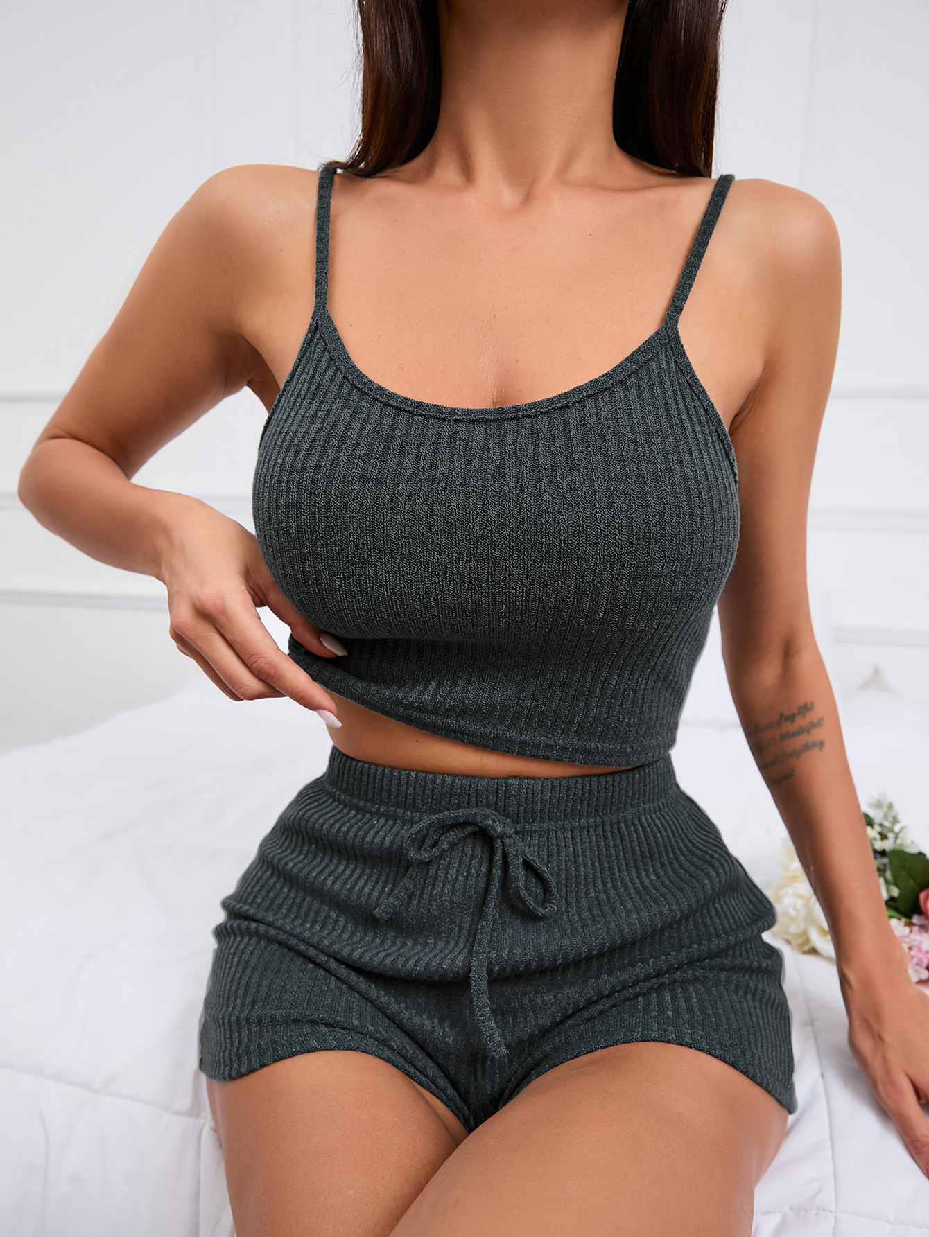 Rib Knitted Camisole Shorts Casual Homewear Pajamas Suit