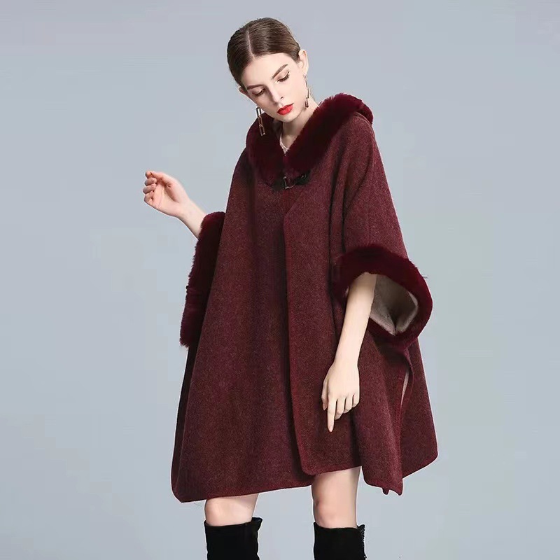 203# European and American Autumn and Winter New Imitation Rex Rabbit Fur Collar Hood Shawl Cape Oversized Woolen Coat Loose Cardigan for Women