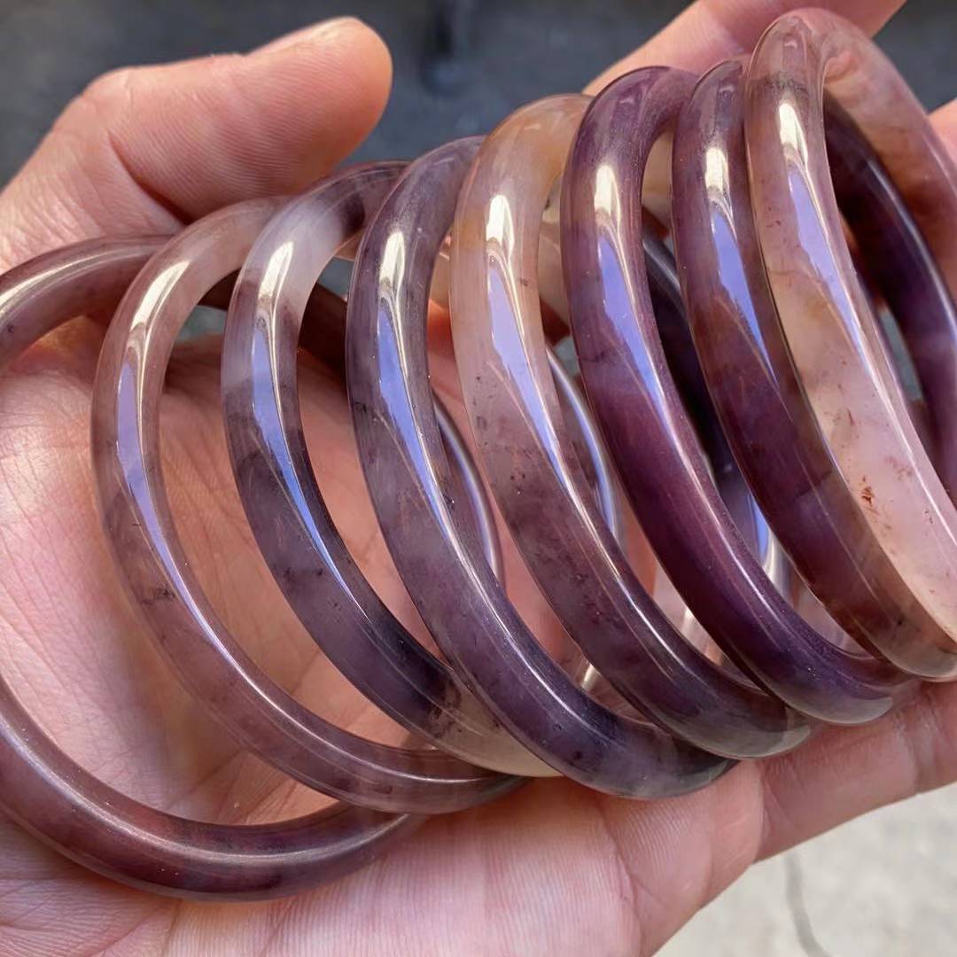 新疆戈壁玉彩玉金丝玉窄条圆条手镯玉石紫罗兰细圆条手镯飘花手镯