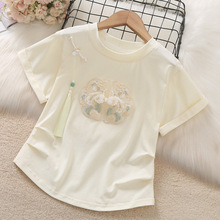 女童短袖T恤夏季2024新款儿童小女孩新中式国风刺绣棉薄款上衣