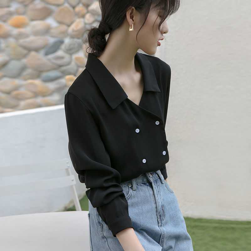 初秋女上衣轻熟v领雪纺黑色衬衫复古港味设计感小众双排扣衬衣