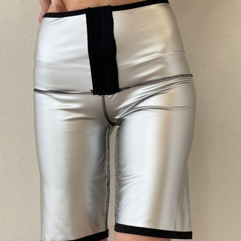 Cross-Border Fully Coated PU Leather High Waist Breasted Five-Point Violently Sweat Yoga Pants Belly Contracting Hip Lifting Sport Cropped Pants Violently Sweat Clothes