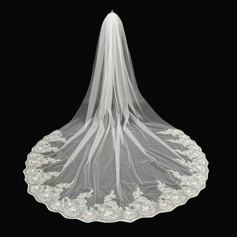 厂家批发欧美新娘结婚长头纱花纹花边白色头纱加宽长款拖尾头纱