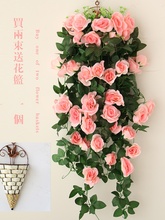 仿真玫瑰壁挂花吊兰花 客厅装饰花吊篮花卉 假花挂壁吊顶装饰绿叶