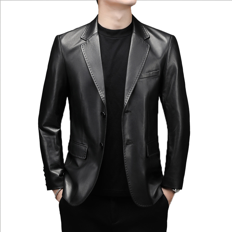 2021 New Sheepskin Leather Coat Men's Leather Short Coat Suit Soft Leather Jacket Autumn and Winter Fleece-Lined Trendy Suit