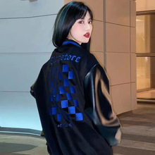 开学春秋季国潮重磅刺绣vintageT棒球服女外套毛呢拼接PU皮男夹克