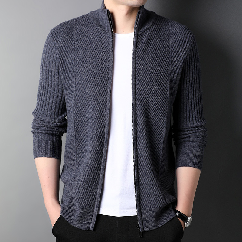 高端保暖毛衣羊毛加厚休闲秋冬装中年男士开衫立领羊毛衫百搭针织