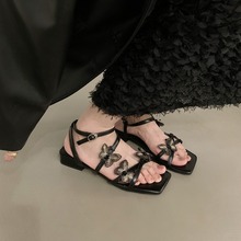粗跟黑色法式一字带凉鞋女鞋子2024年新款夏季搭配裙子仙女罗马鞋
