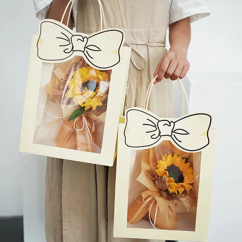 Valentine's Day Packaging Bag Transparent Window Bow Flower Packaging Handbag Doll Birthday Gift Paper Bag