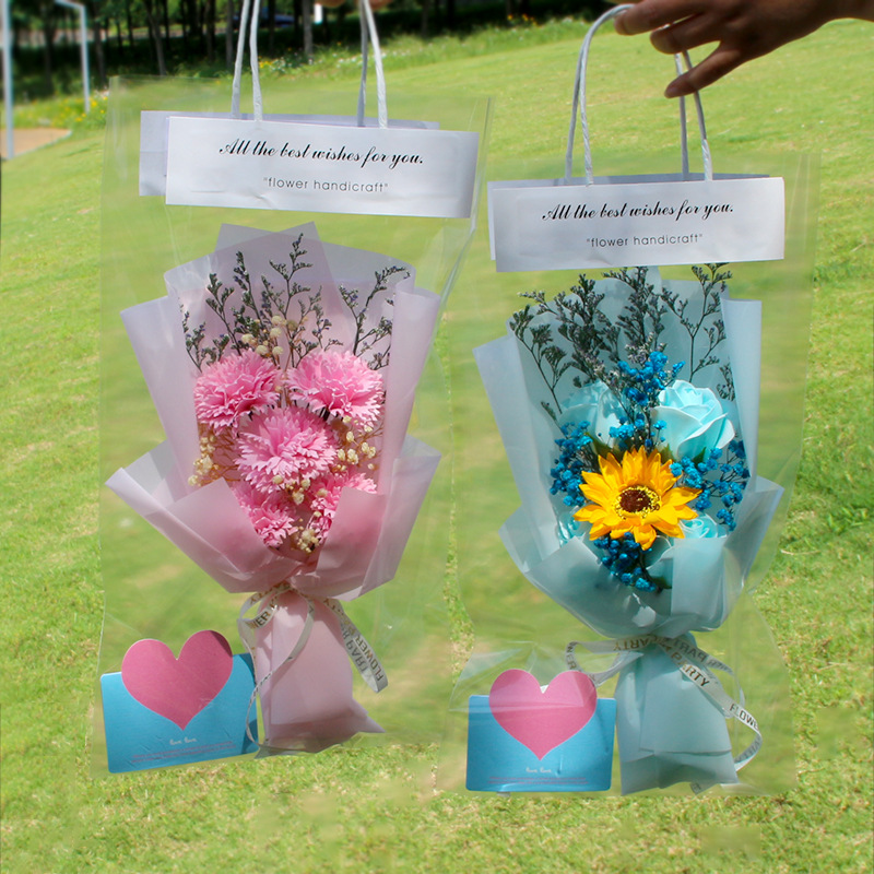 Teacher's Day Carnation Transparent Handbag Bouquet with Light Preserved Fresh Flower Starry Rose Soap Flower Valentine's Day