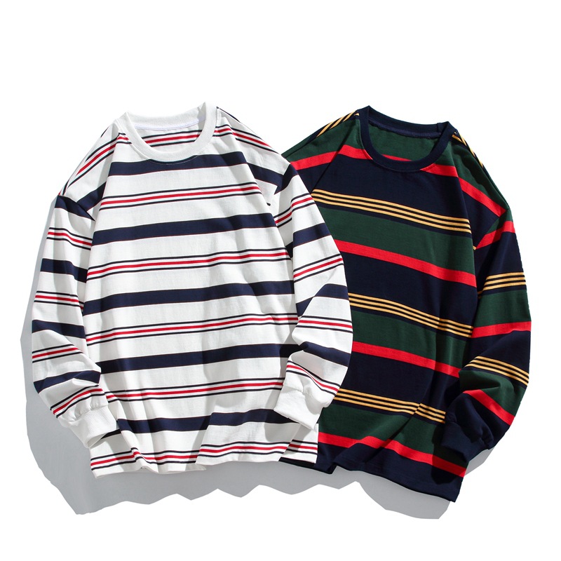 Men's Clothing 280G Heavy Striped Crew Neck Long Sleeves T-shirt 2023 Autumn and Winter New Sweater Fashion Brand Couple Bottoming Shirt